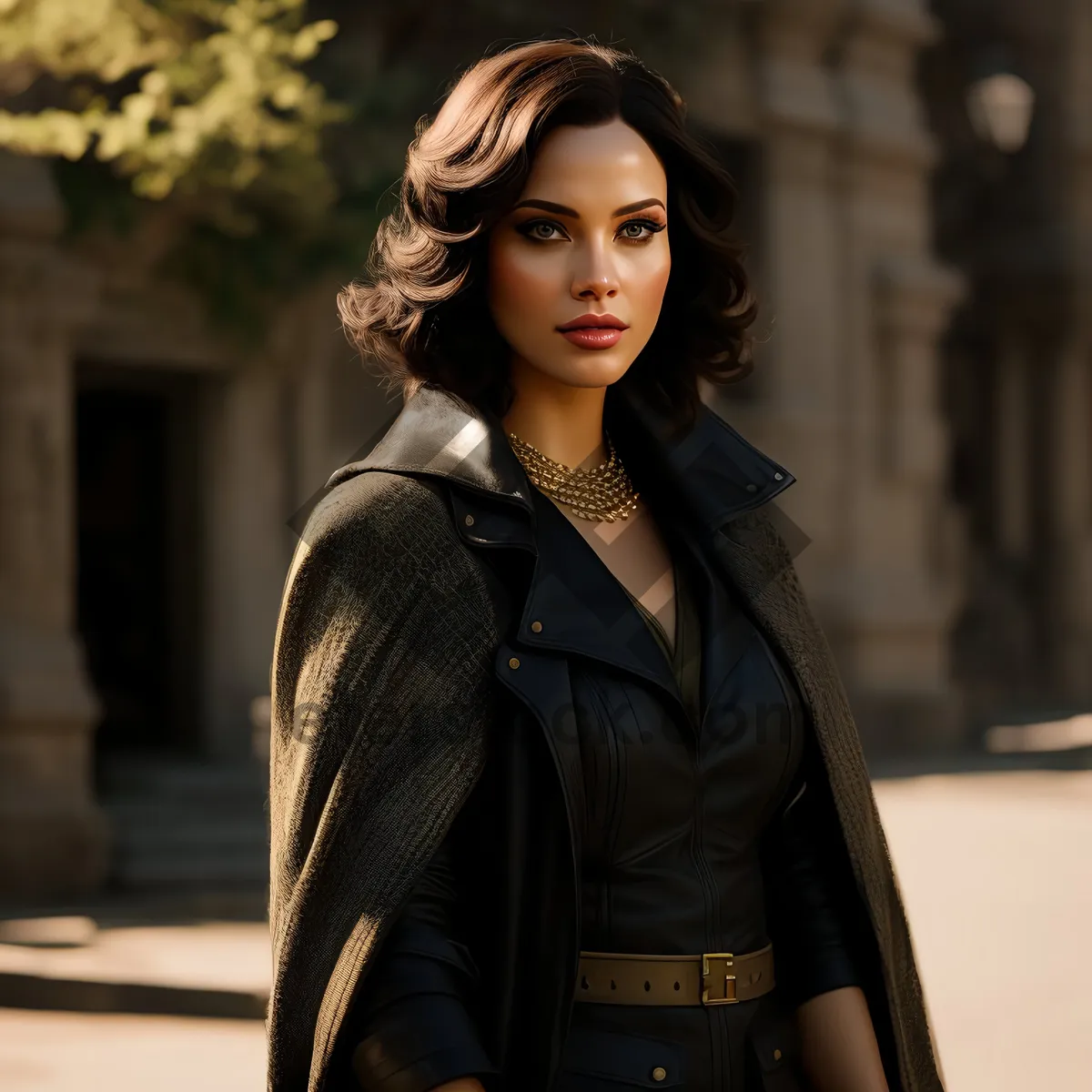 Picture of Smiling Businesswoman in Stylish Leather Robe