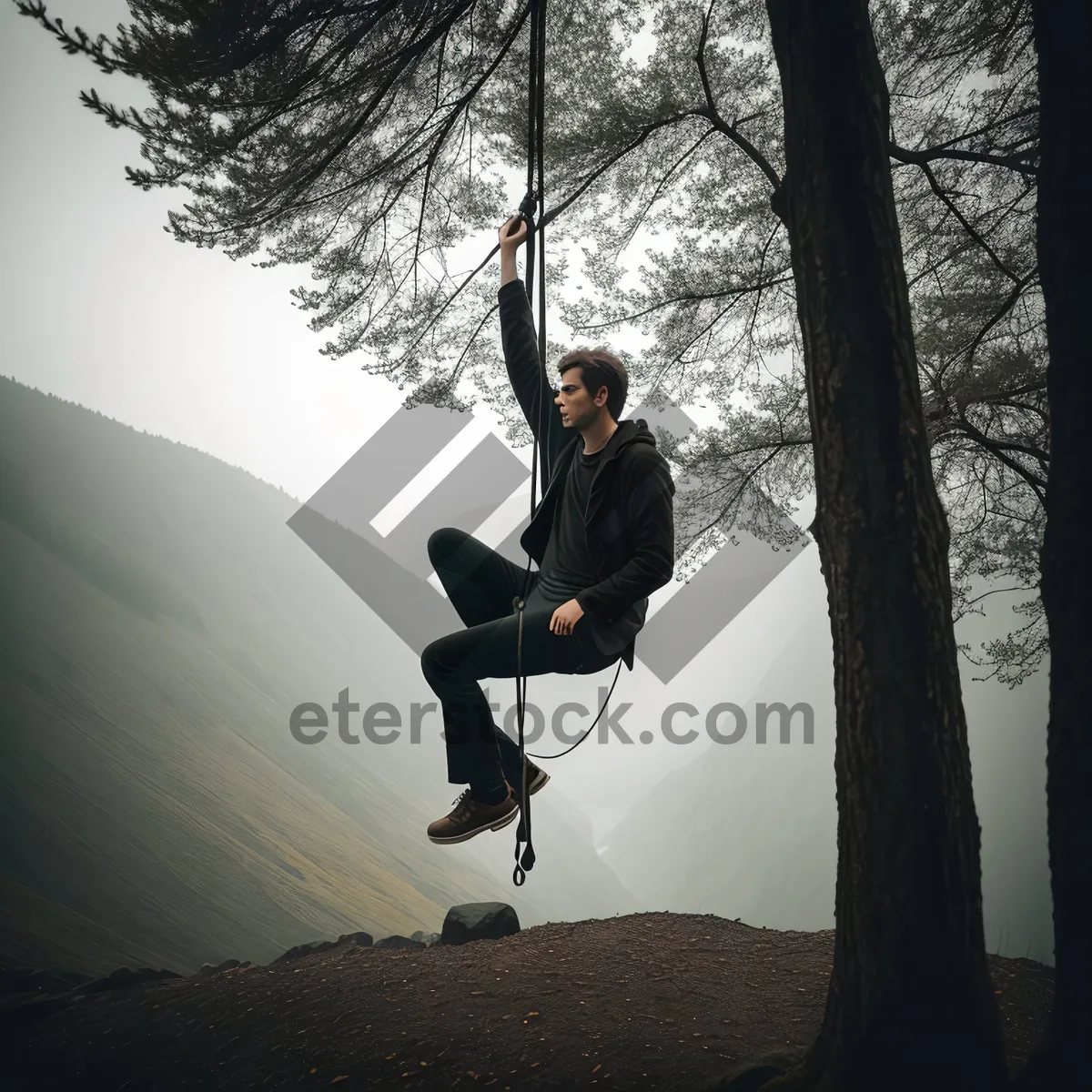 Picture of Mountain Swing: Adventurous Man Enjoying Outdoor Winter Play