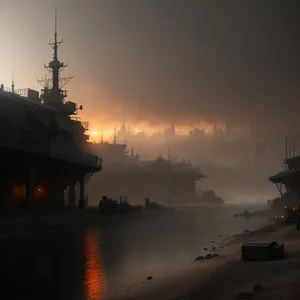 Spectacular Sunset Over Majestic Warship in Harbor