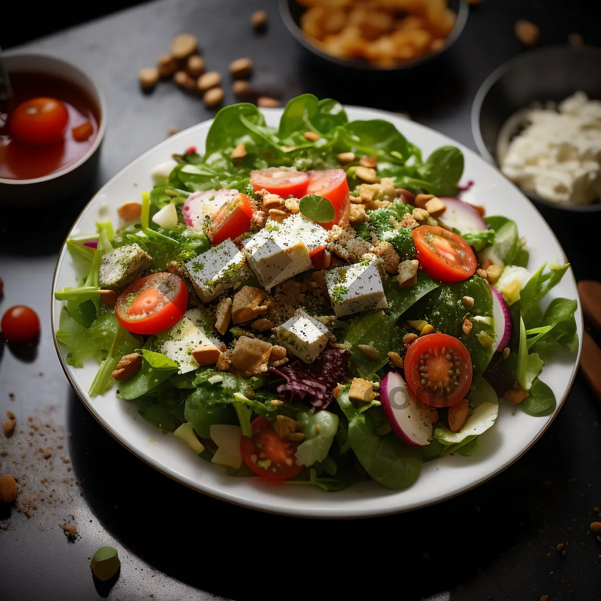 Picture of Delicious gourmet salad with fresh vegetables and cheese