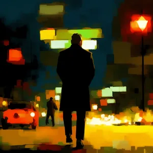 Silhouetted man holding pumpkin lantern at illuminated stadium