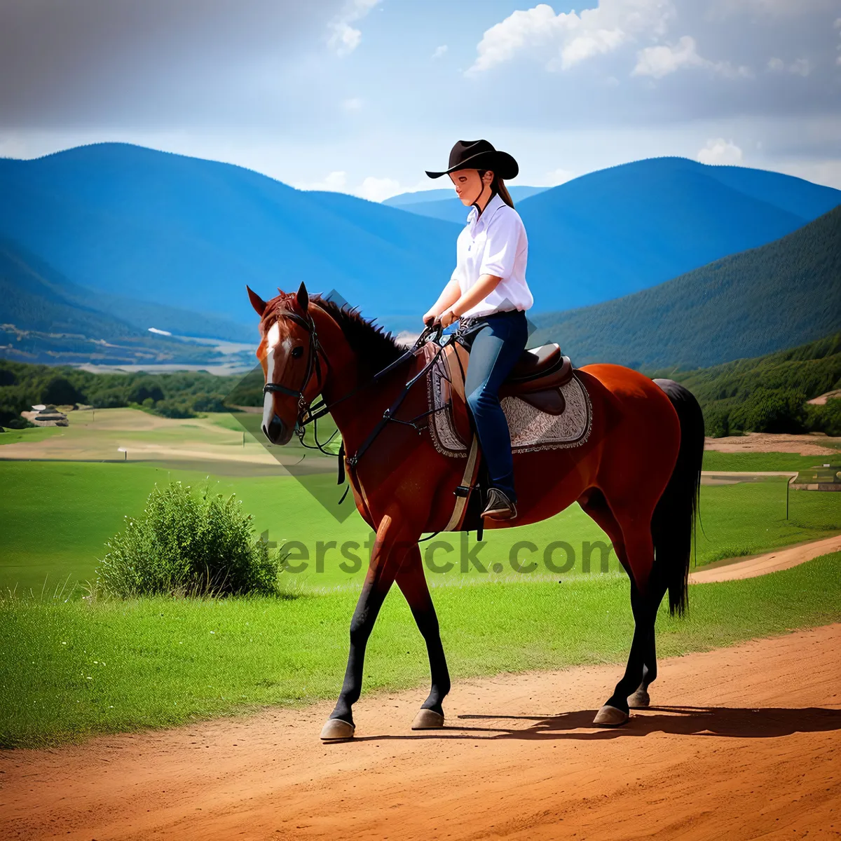 Picture of Brown Stallion Galloping Through Equestrian Field