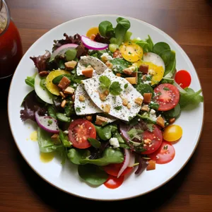 Delicious gourmet vegetable salad with fresh cheese