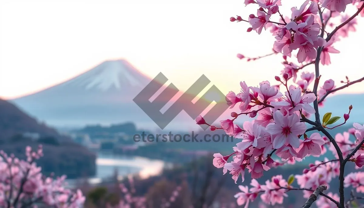 Picture of Pink Cherry Blossoms in Japanese Garden.