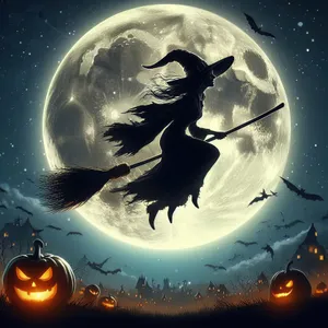 A witch flying on a broomstick against a huge full moon. AI, Generation, Illustration