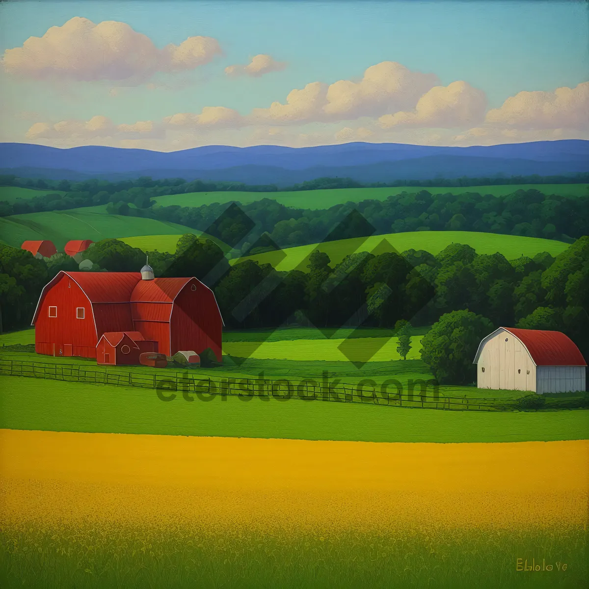 Picture of Vibrant Spring Landscape with Hay Field and Clear Sky