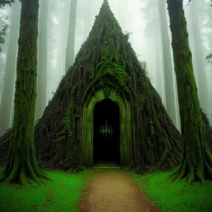 Serene Skyline: Old Church Nestled Amidst Tree-Covered Landscape