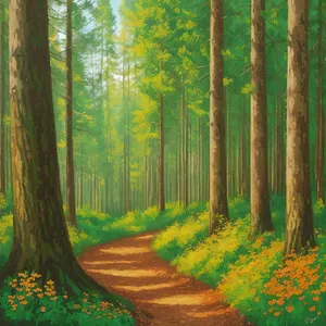 Serene Forest Path with Sunlit Trees