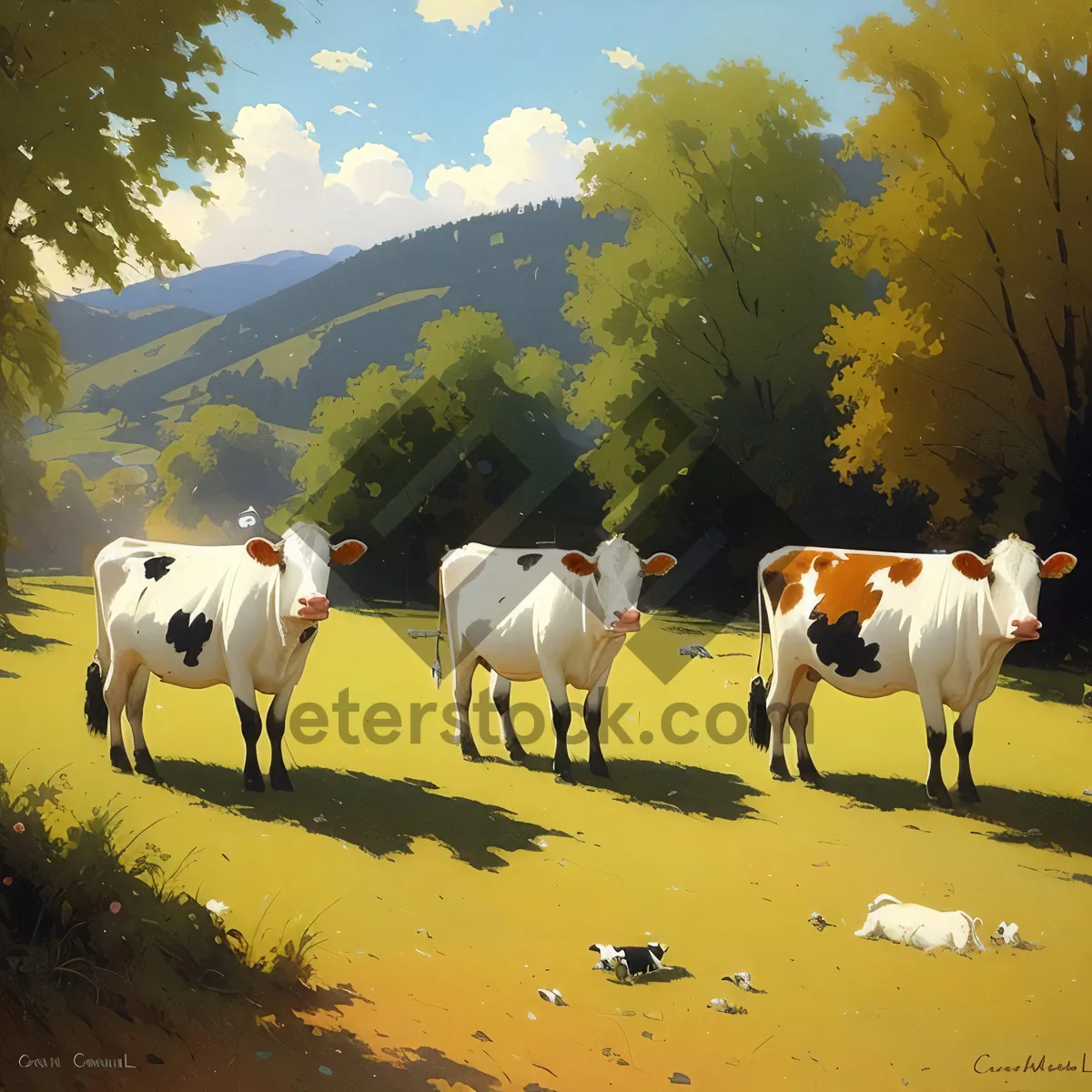 Picture of Rural Cattle Grazing in Green Pasture