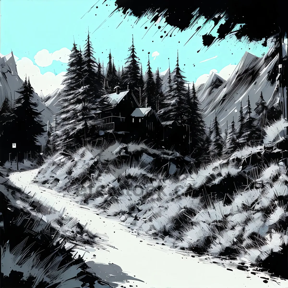 Picture of Snowy Mountain Landscape with Ski Slope and Fir Trees