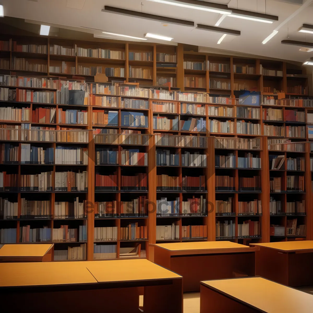 Picture of Modern library interior with colorful bookshelves and table