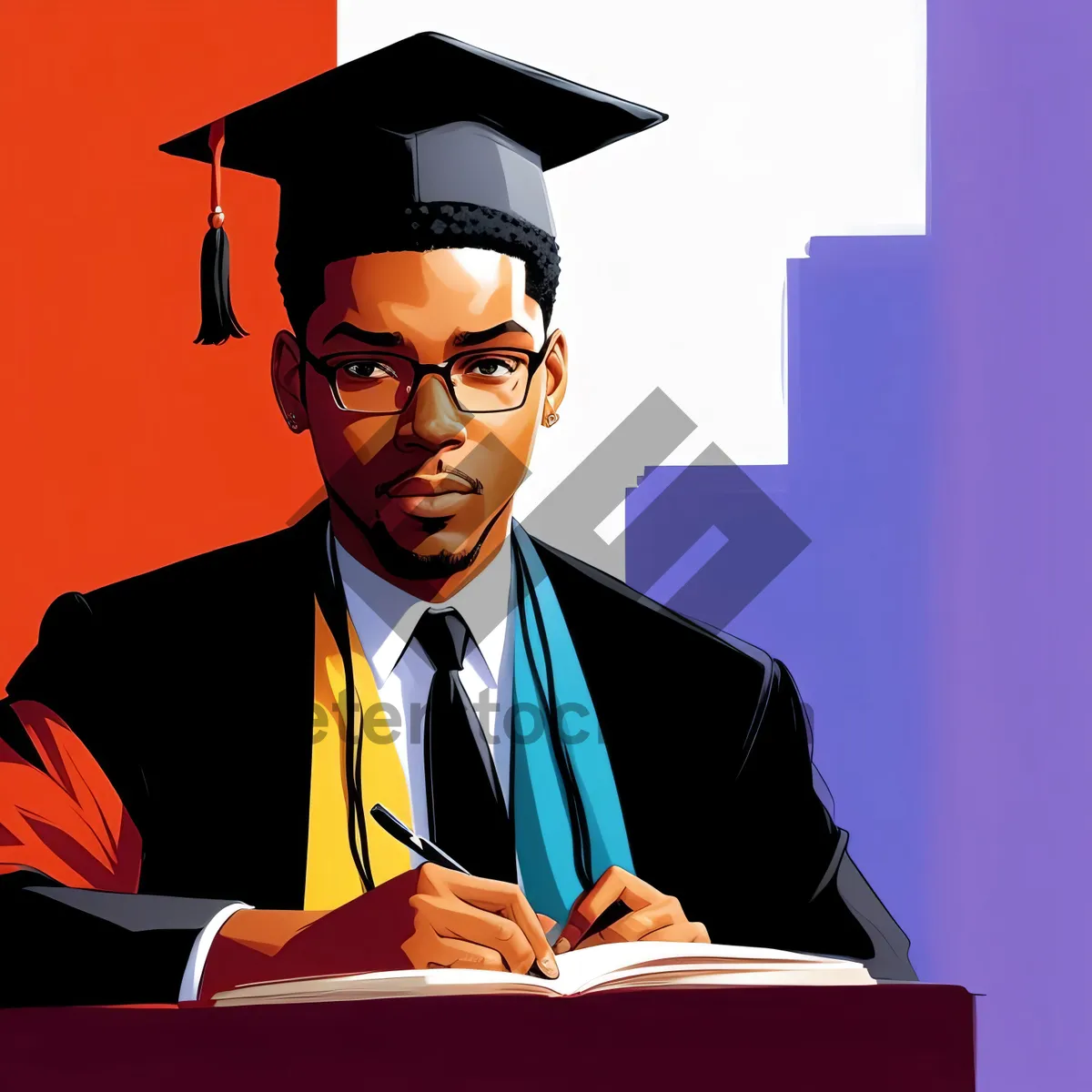 Picture of Happy businessman in graduation cap and gown smiling.