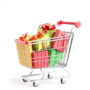 3D shopping cart wheeling through empty supermarket