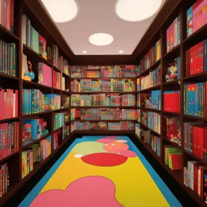 Colorful bookstore interior with wooden tables and chairs