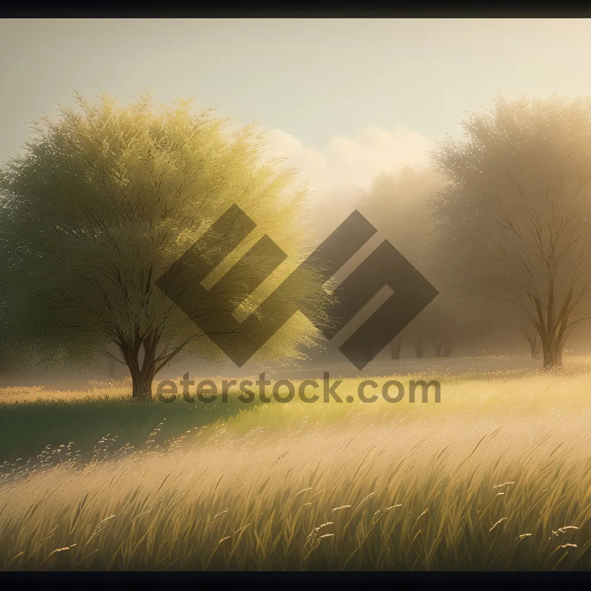 Picture of Golden Sunset Over Rural Meadow with Tree and Dandelions