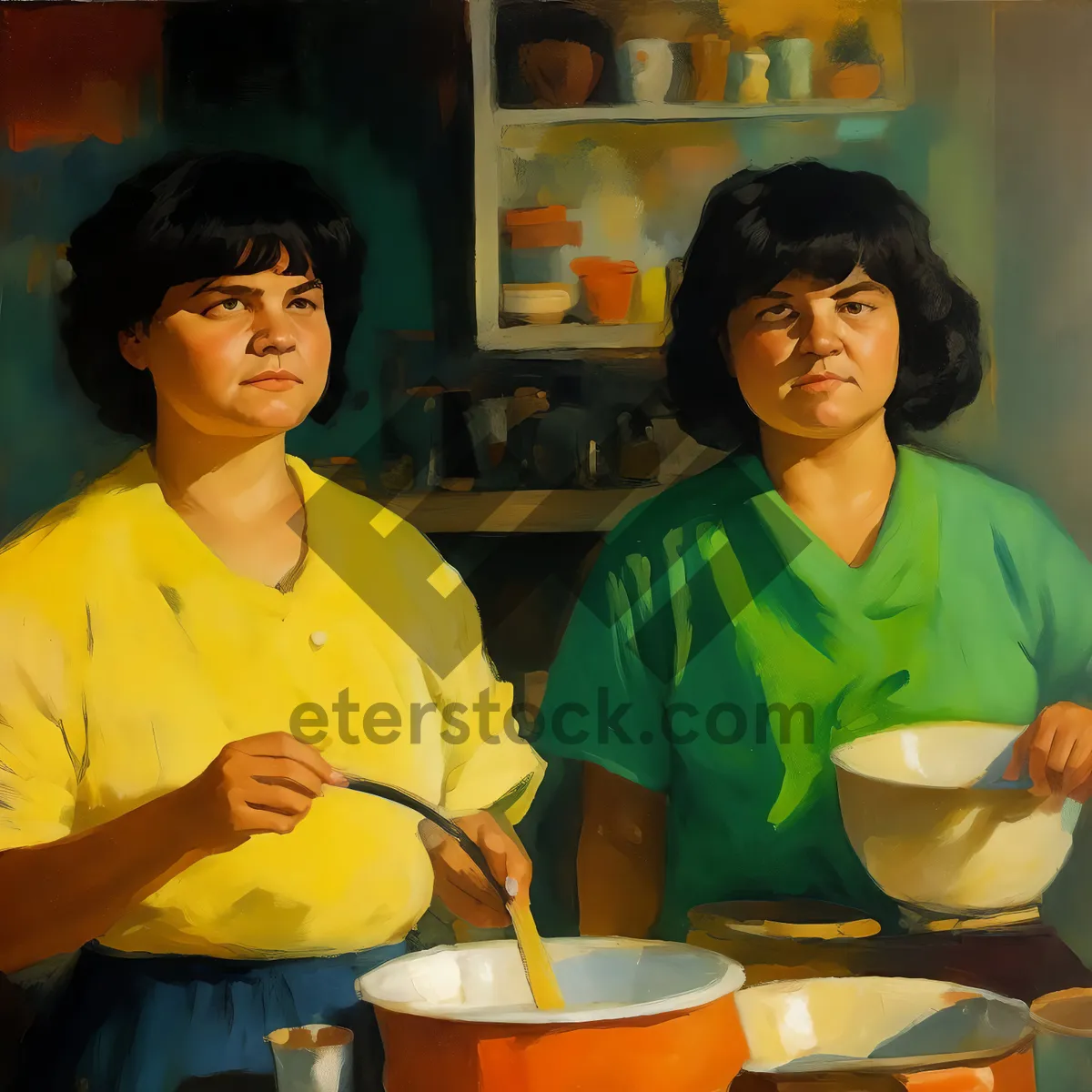 Picture of Cheerful waiter preparing delicious soup in restaurant kitchen.