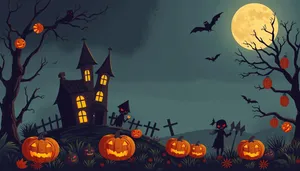 Spooky Night Cartoon Silhouette with Moon.