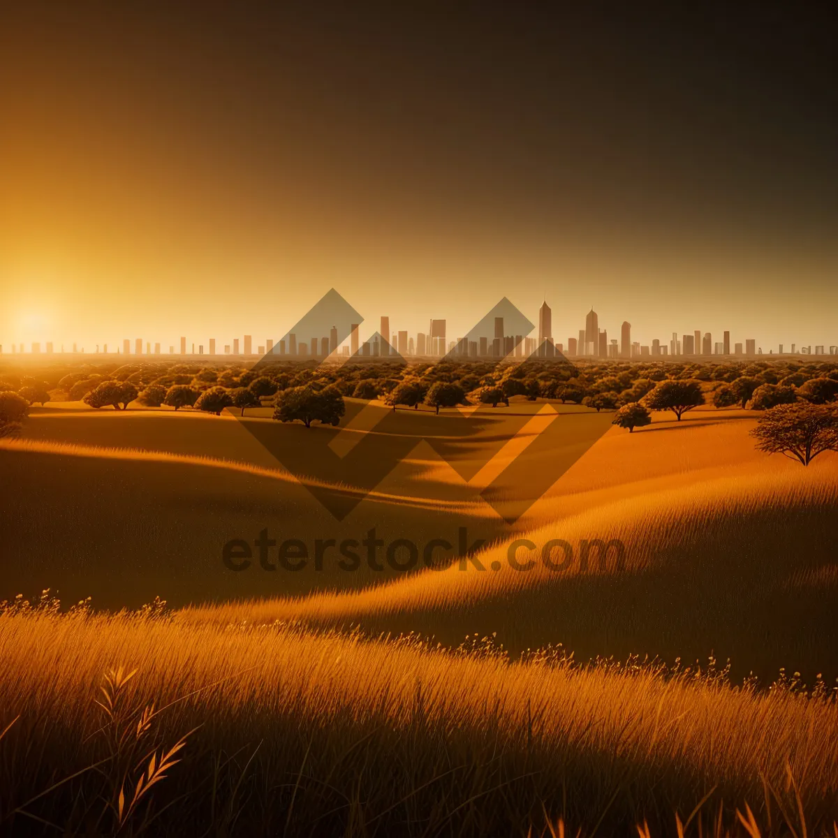 Picture of Vibrant Sunset Landscape with Silhouette of Mountains