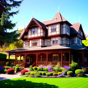 Modern Brick Villa with Sprawling Lawn and Blue Sky