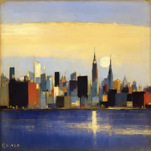 Modern Cityscape at Sunset with Waterfront Skyscrapers