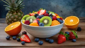 Fresh and juicy summer fruit bowl with berries and citrus.