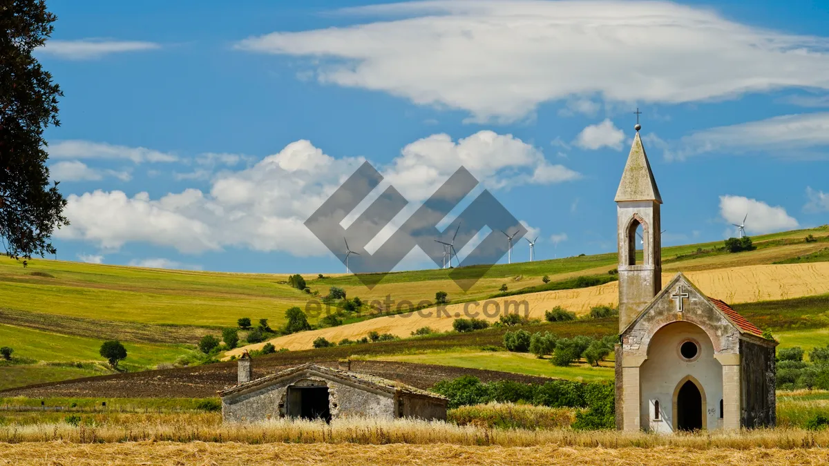 Picture of Rural farm landscape with autumn trees and clouds