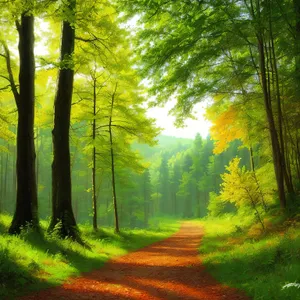 Sunlit Path through Colorful Autumn Woods