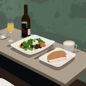 Elegant dinner table setting with wine glass.