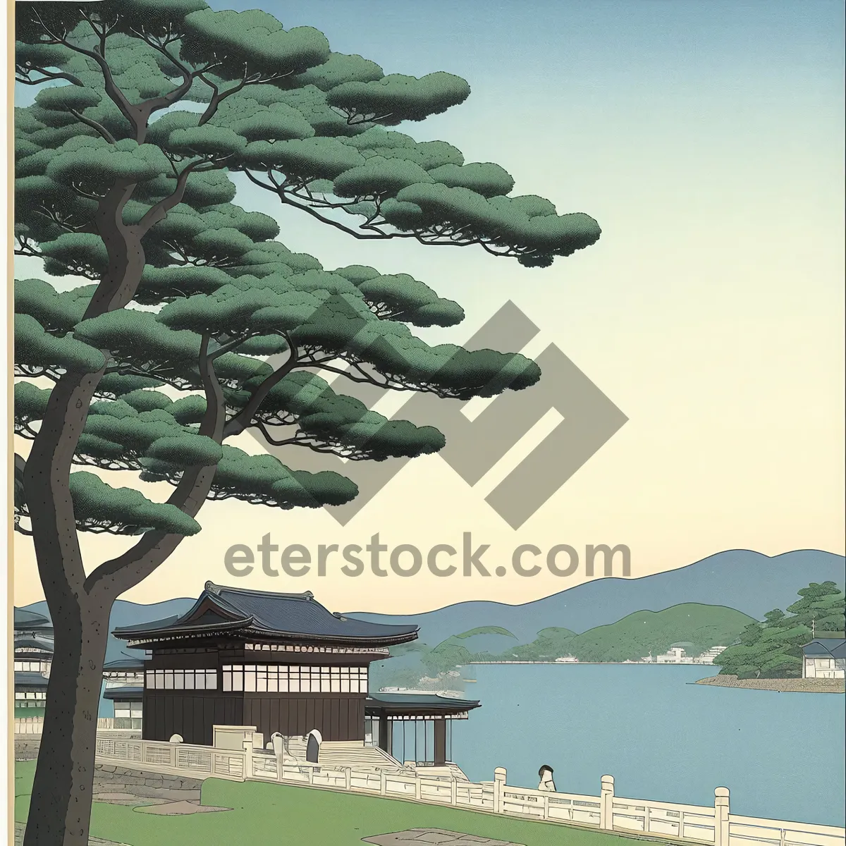 Picture of Serene Summer Landscape with Majestic Trees and Architectural Beauty