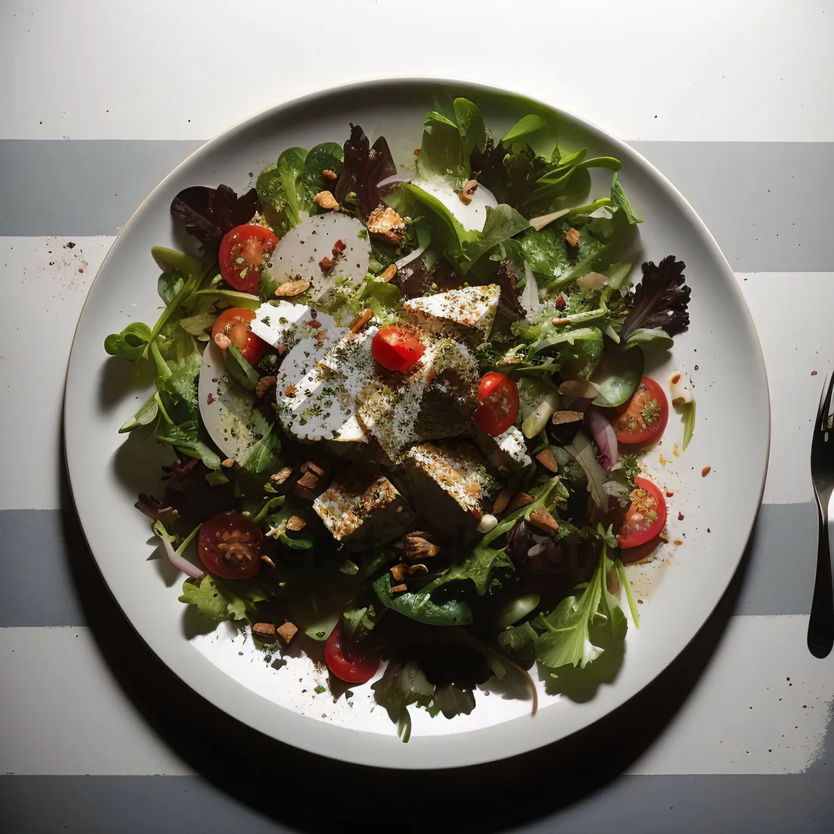 Picture of Grilled beef salad with fresh vegetables and tasty sauce.