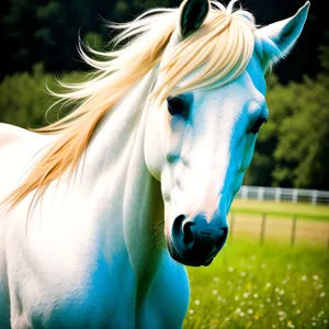 Brown Stallion Grazing in Rural Pasture