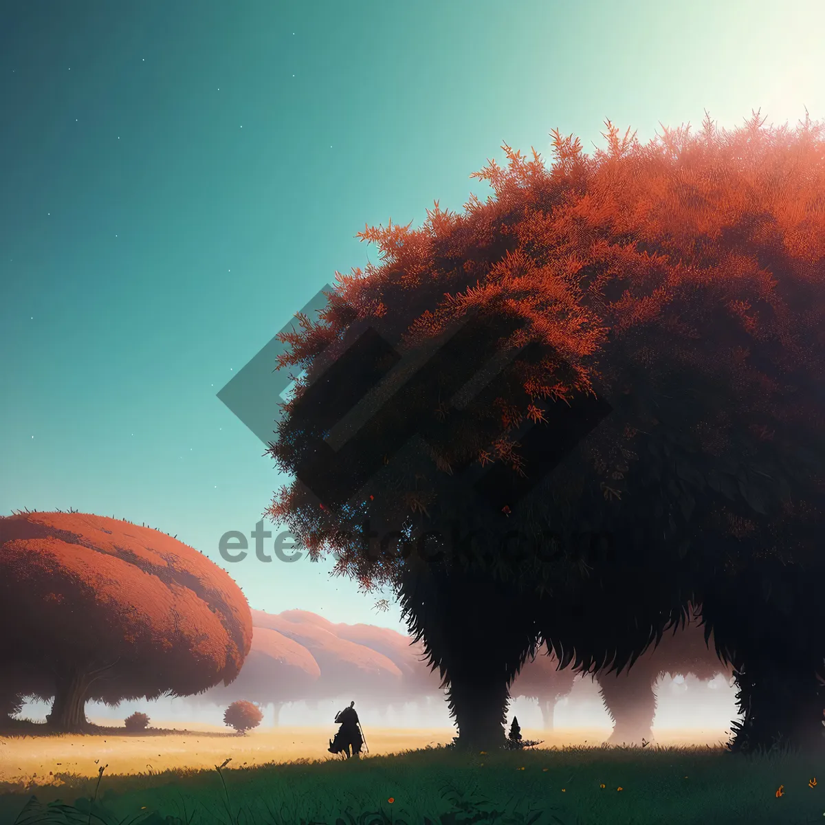 Picture of Sunset Grazing: Majestic Bison in Rural Landscape