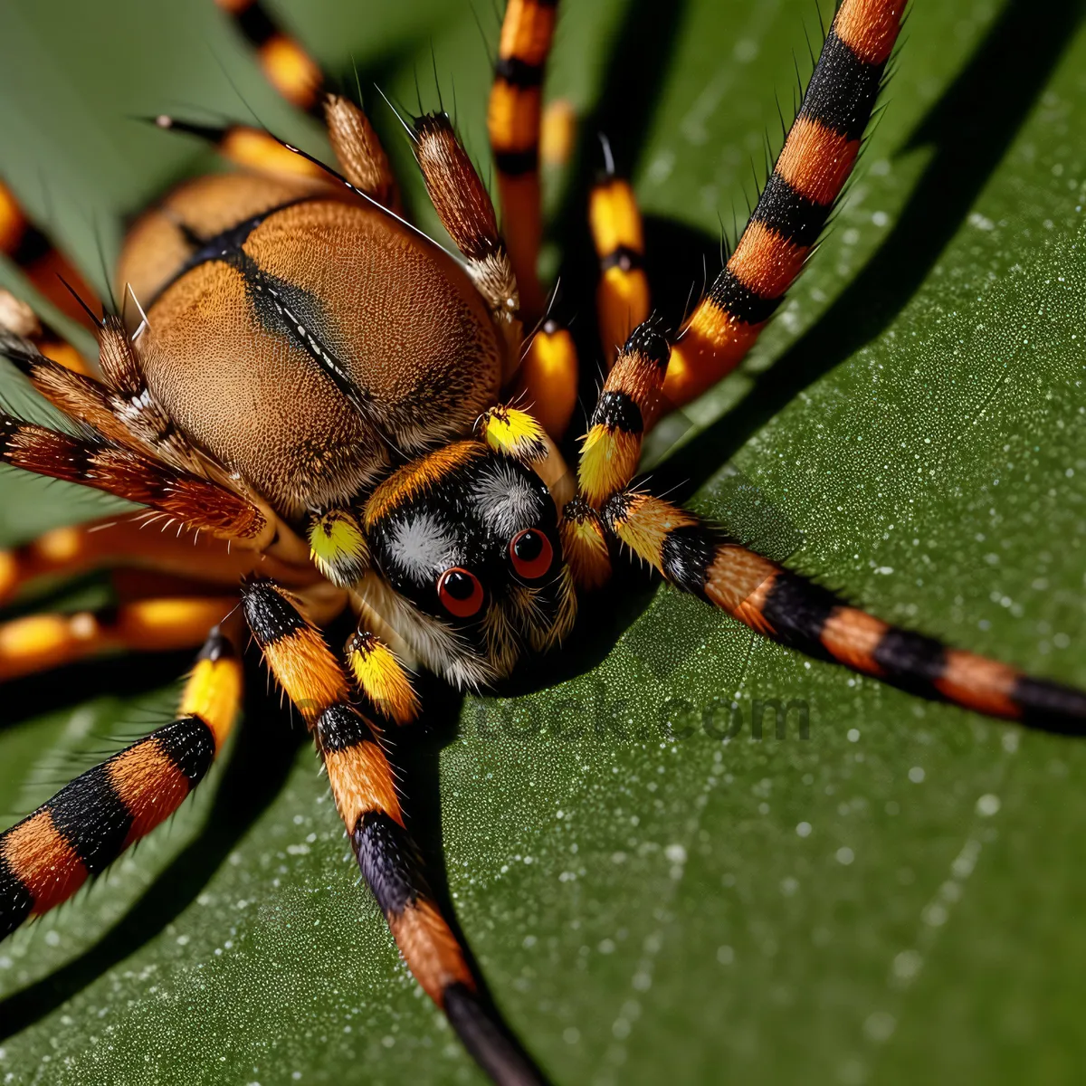 Picture of Close-up Capture of Black and Gold Garden Spider on Leaf