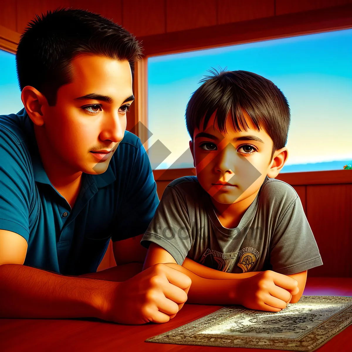 Picture of Happy father and son studying together on laptop.