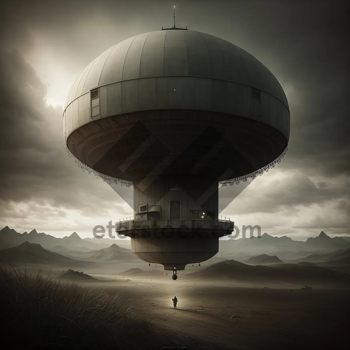 Picture of Skybound Airship Soaring Towards Astronomical Telescope