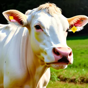 Brown cattle grazing on rural farm pasture