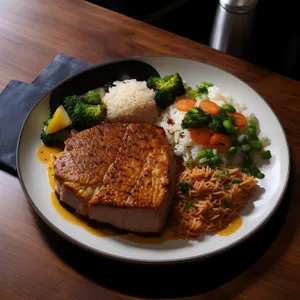 Delicious gourmet steak with roasted vegetables and sauce.