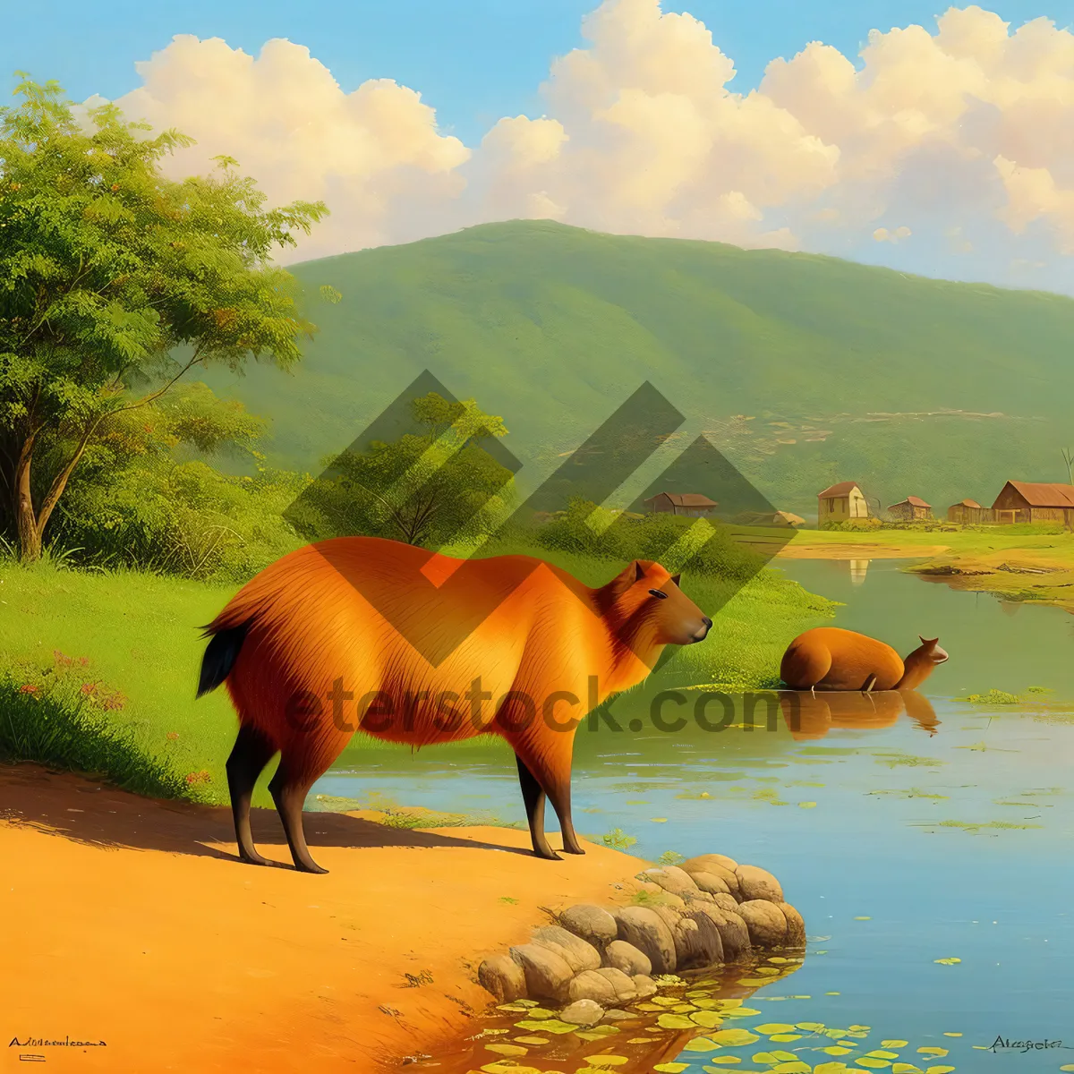 Picture of Serene Summer Scene: Lake, Mountains, and Horses Grazing