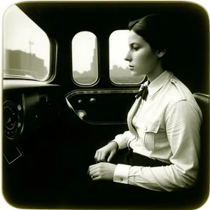 Happy person seated in car, admiring mirror reflection.