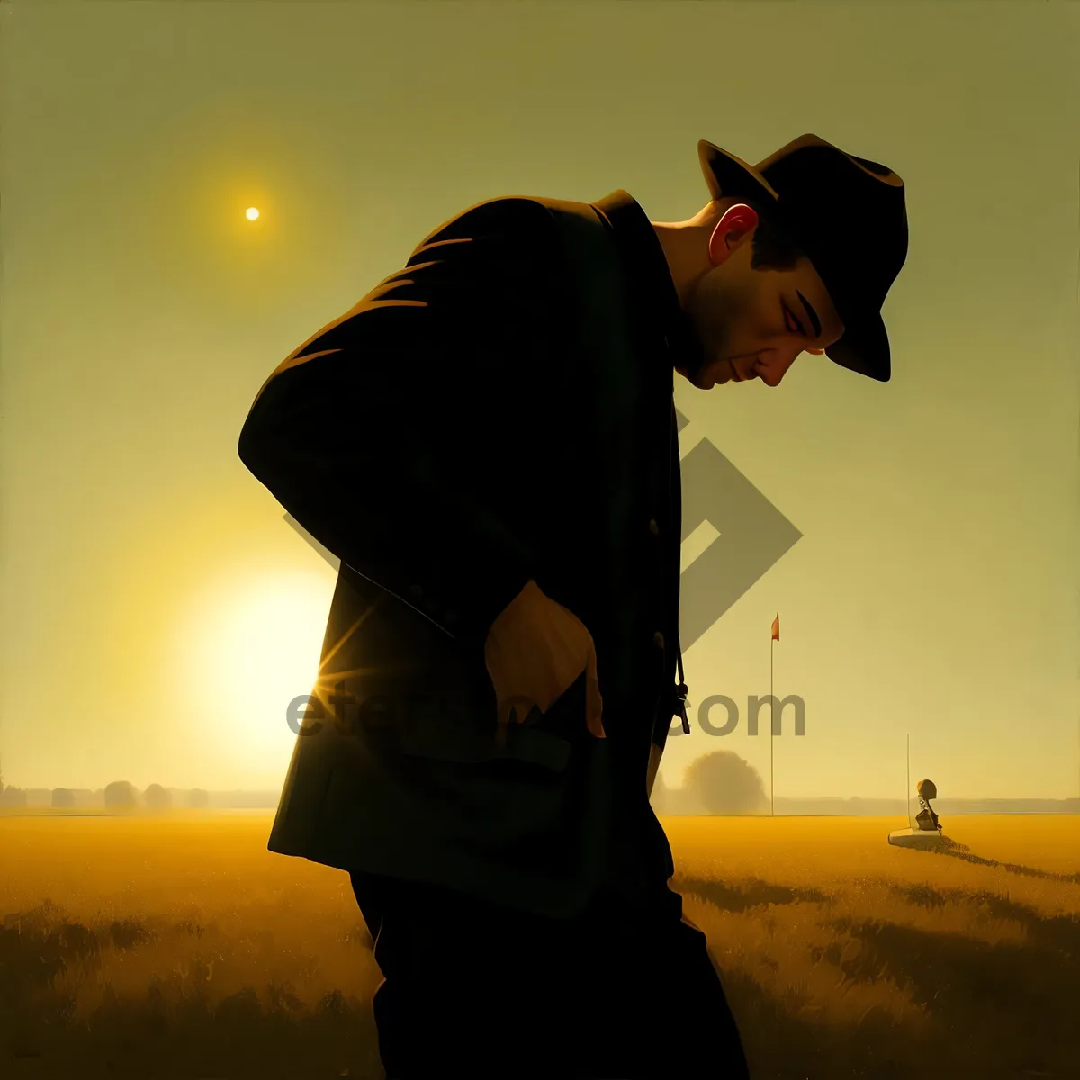 Picture of Silhouette of man enjoying sunset at beach.