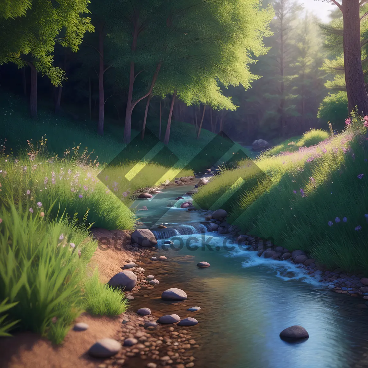 Picture of Serene River in Lush Forest Landscape