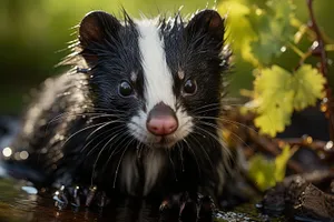 Black furry skunk with cute eyes and whiskers.