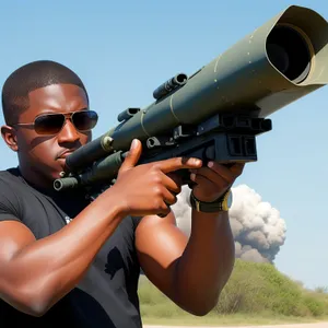 Male Soldier with Military Rifle and Lens