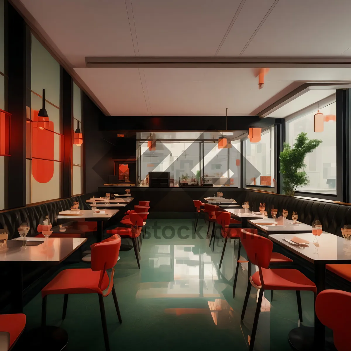 Picture of Modern restaurant interior with stylish furniture and light