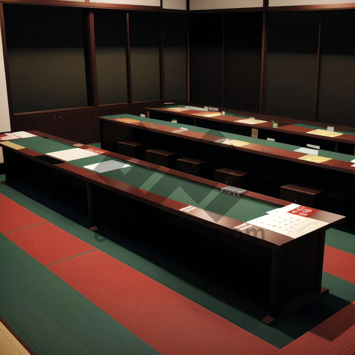 Picture of School library classroom with wooden table and bookshelves