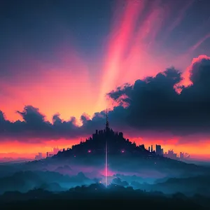 Dramatic sunset over mountain landscape with celestial lighting