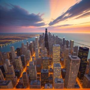 Cityscape at Dusk: Majestic Skyline Illuminated by Evening Lights