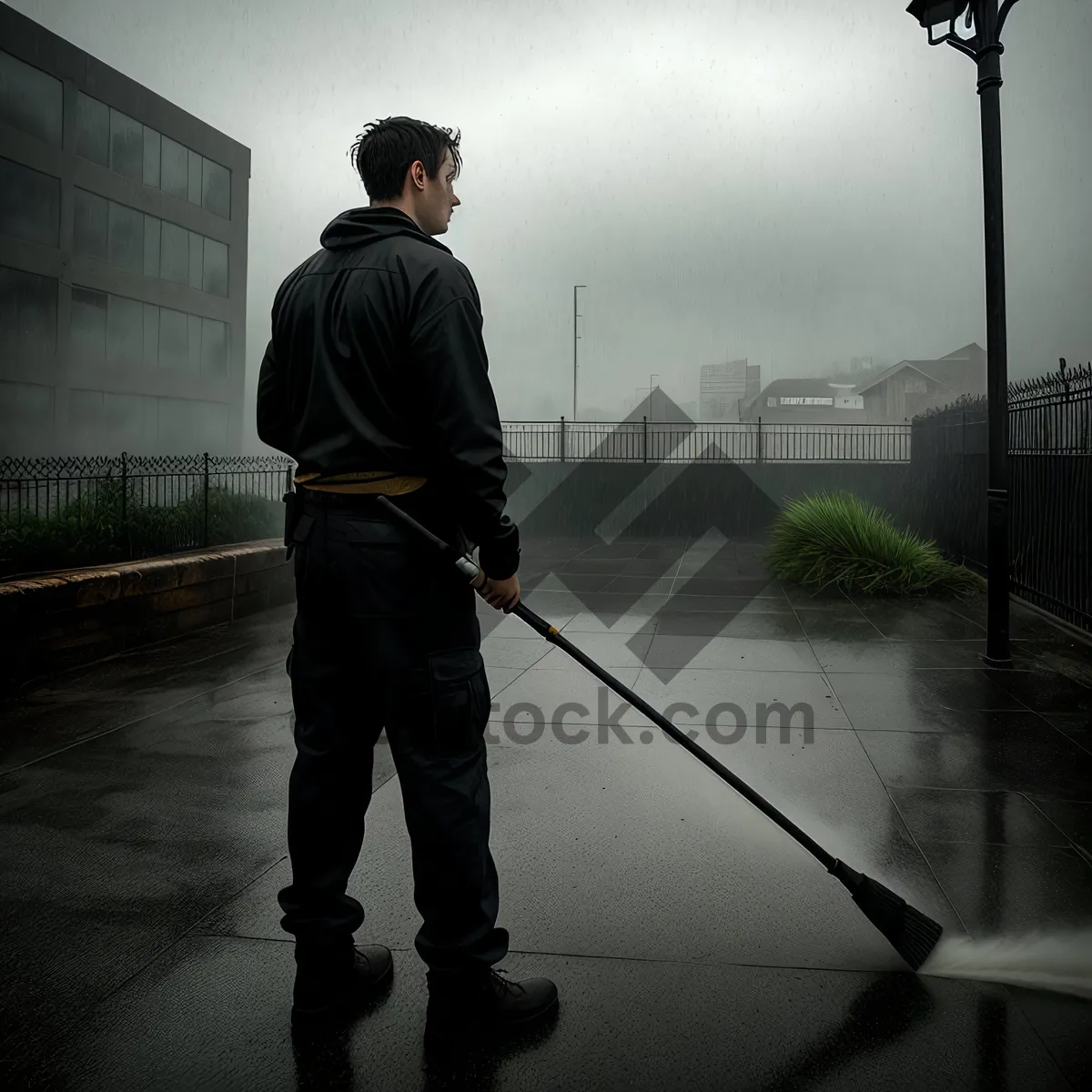 Picture of Male Cleaner with Hockey Stick Swabbing