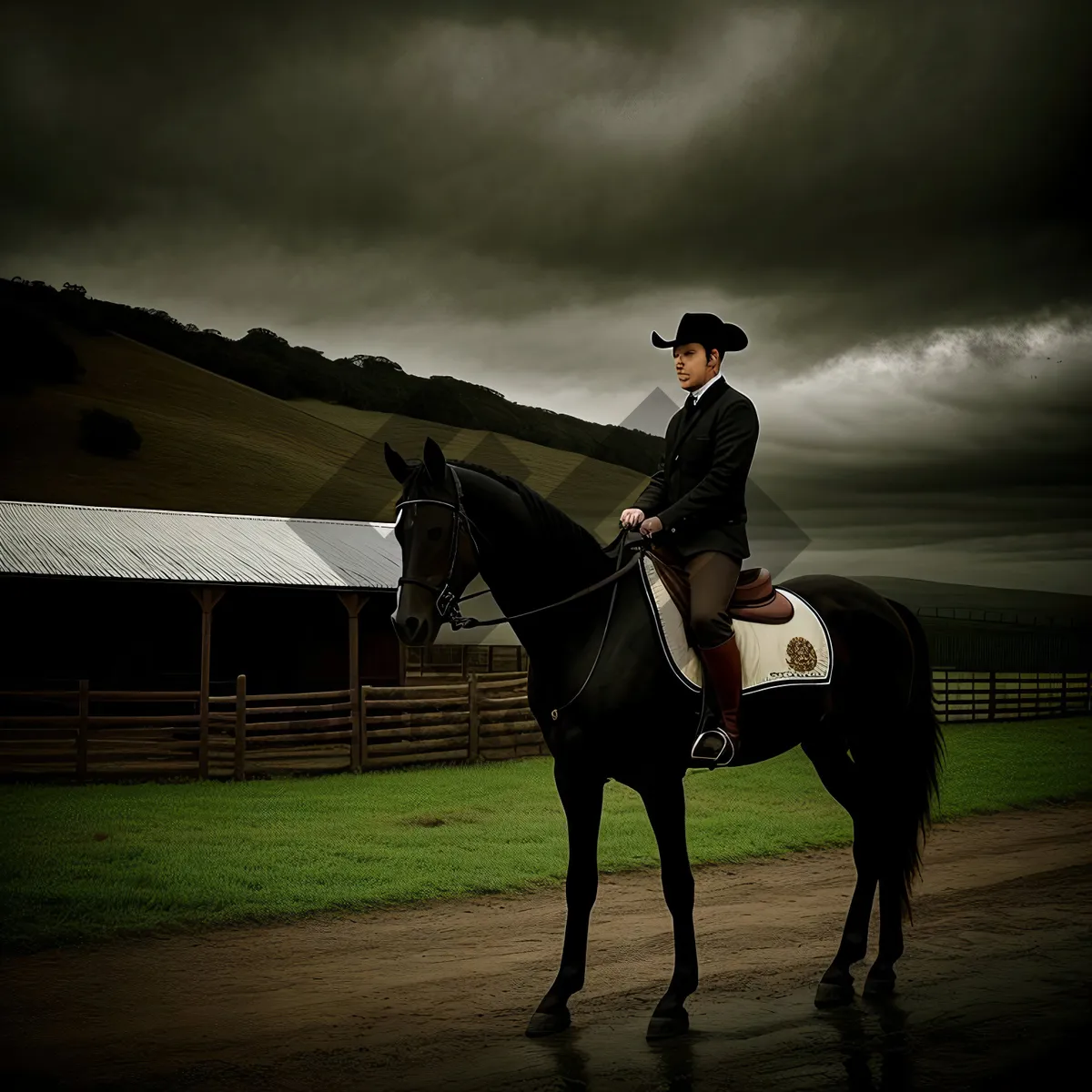 Picture of Jockey riding sidesaddle on polo horse with mallet