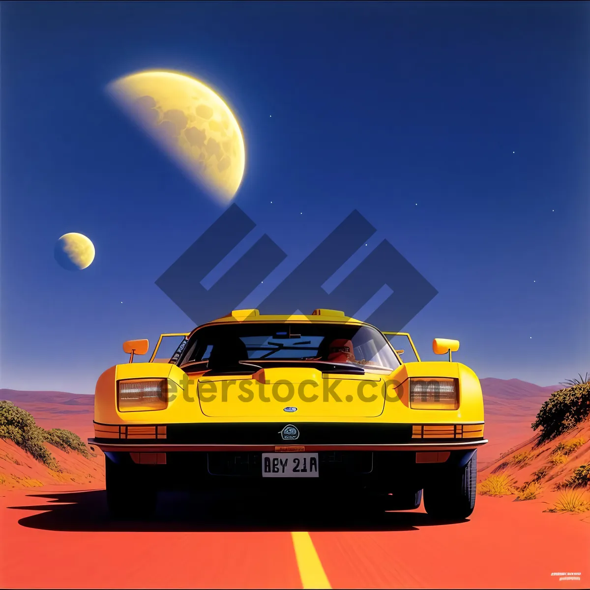 Picture of Yellow Luxury Coupe Speeding at Sunset